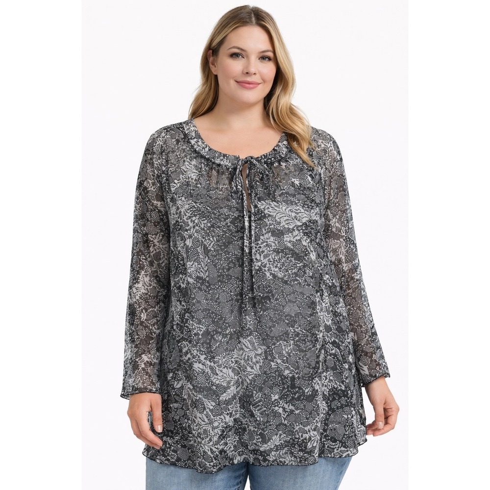 Annalee + Hope Womens 2X Black White Floral Sheer Blouse Long Sleeve Tieβ Neck